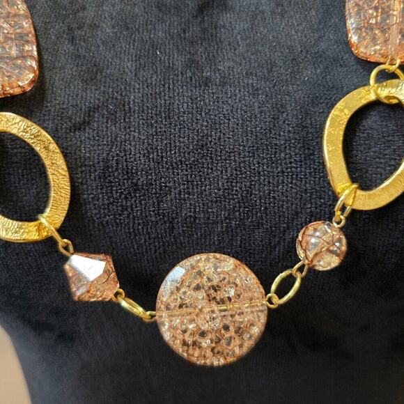 Womens Fashion Brown Crystal Gold Tone Disc Linked Chain Necklace Jewelry - Picture 3 of 6